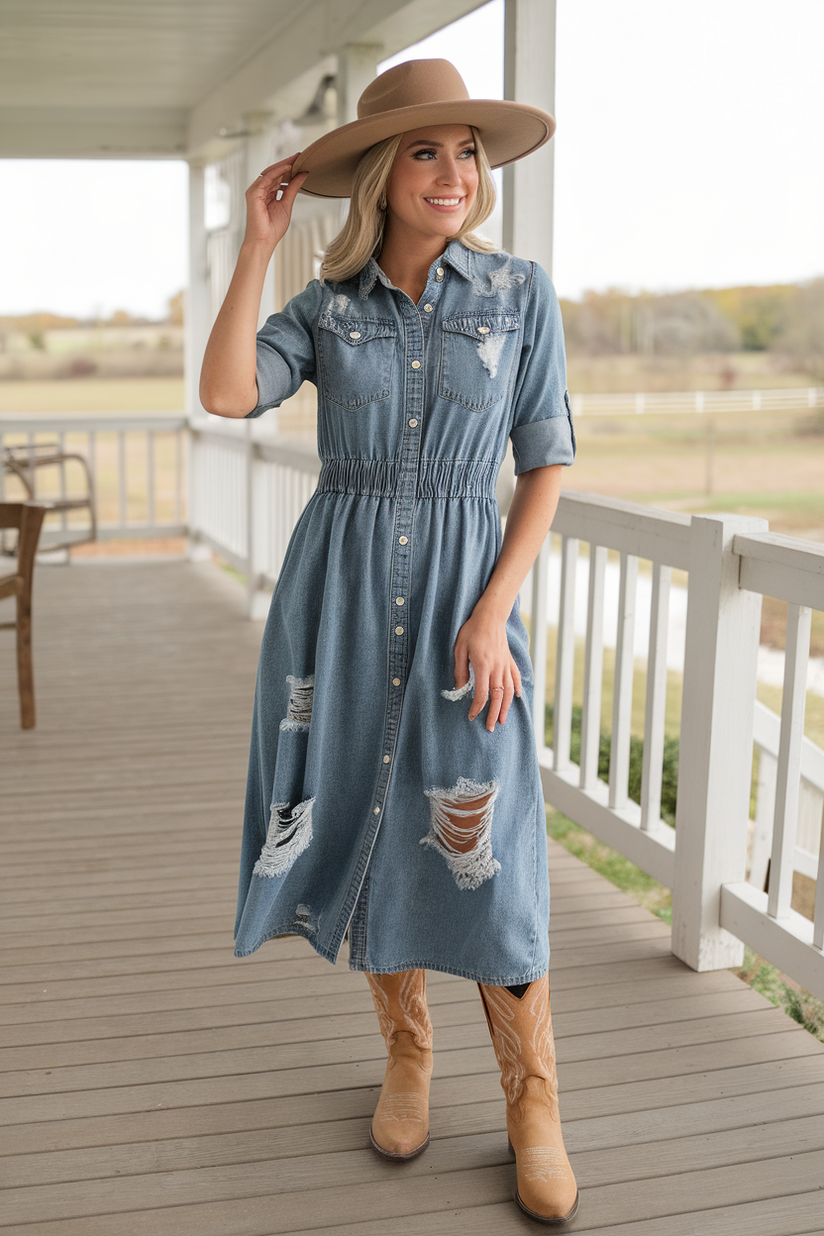 A distressed denim midi dress styled with tan cowboy boots and a wide-brim hat.