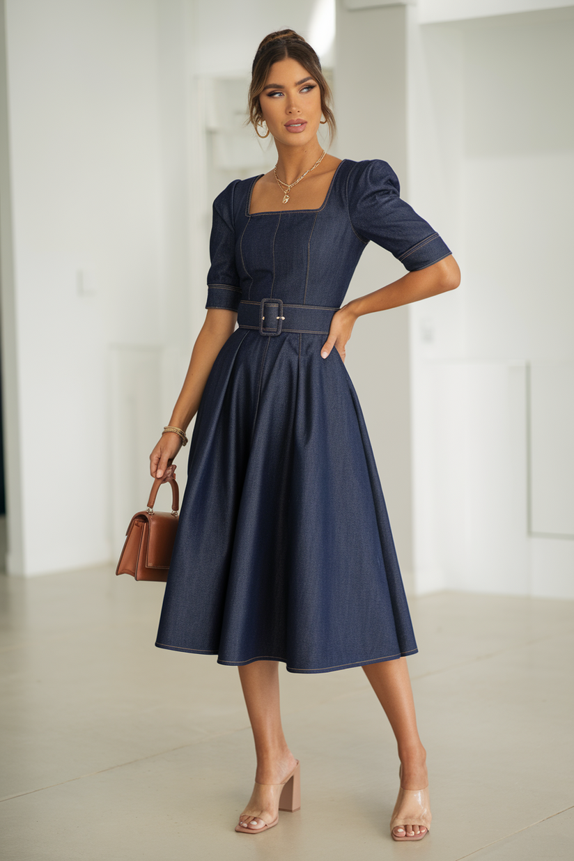 A navy blue denim midi dress with puffed sleeves and a matching belt, styled with nude block heels.