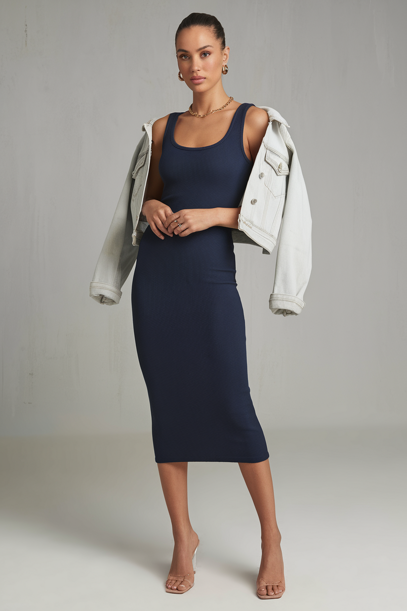 A fitted navy blue midi dress layered with a cropped light-wash denim jacket.