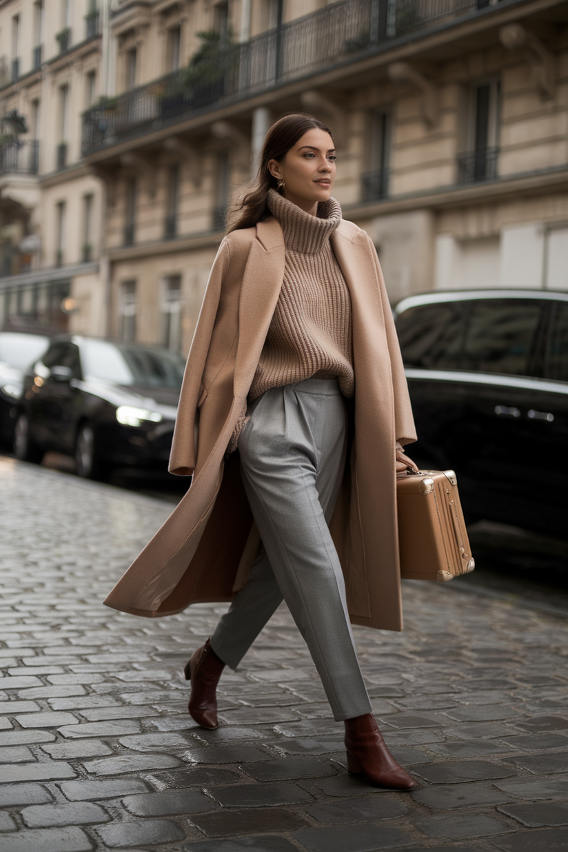 A camel coat layered over a turtleneck sweater and trousers, styled with leather ankle boots.