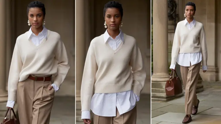 A black woman in a cream cashmere sweater over a white button-up, paired with beige trousers.