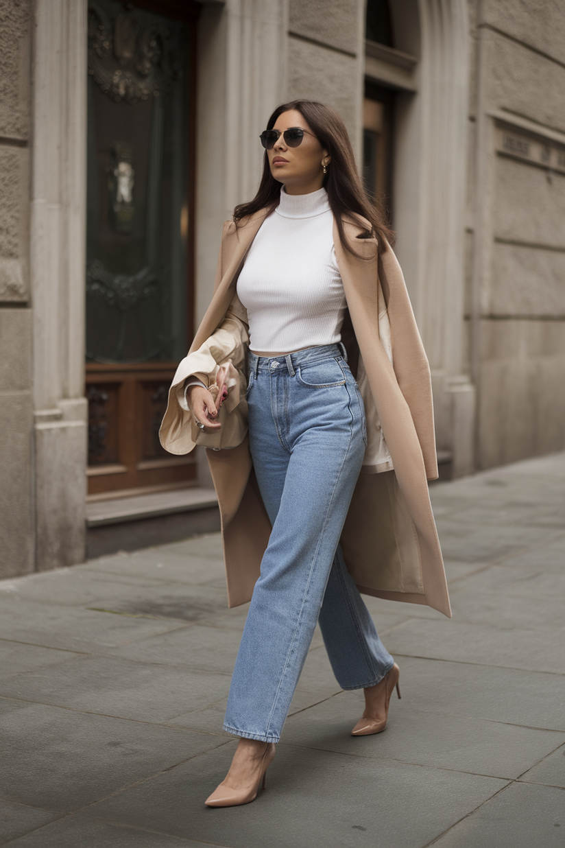 Jeans ajustados de mezclilla azul con un top blanco de manga larga y tacones nude.