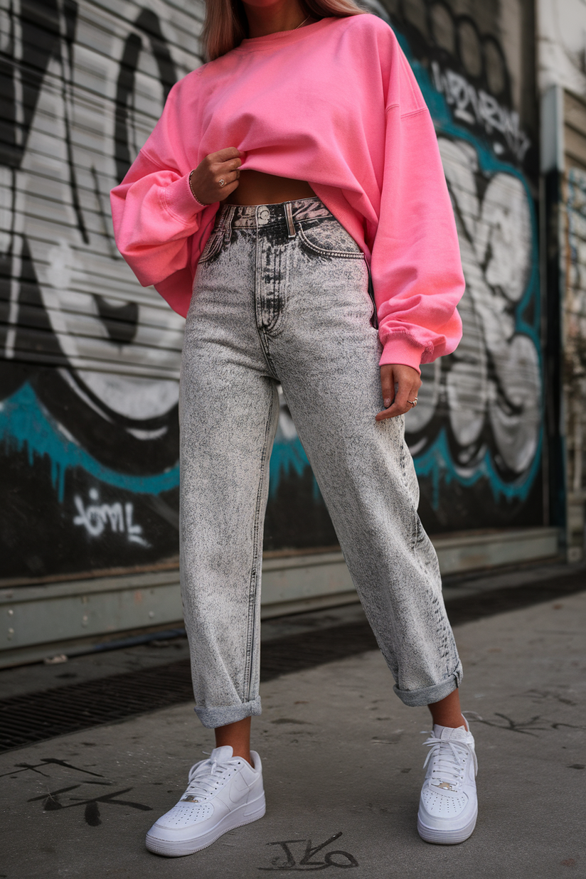 Acid-wash high-waisted jeans styled with a neon sweatshirt for an 80s-inspired outfit.