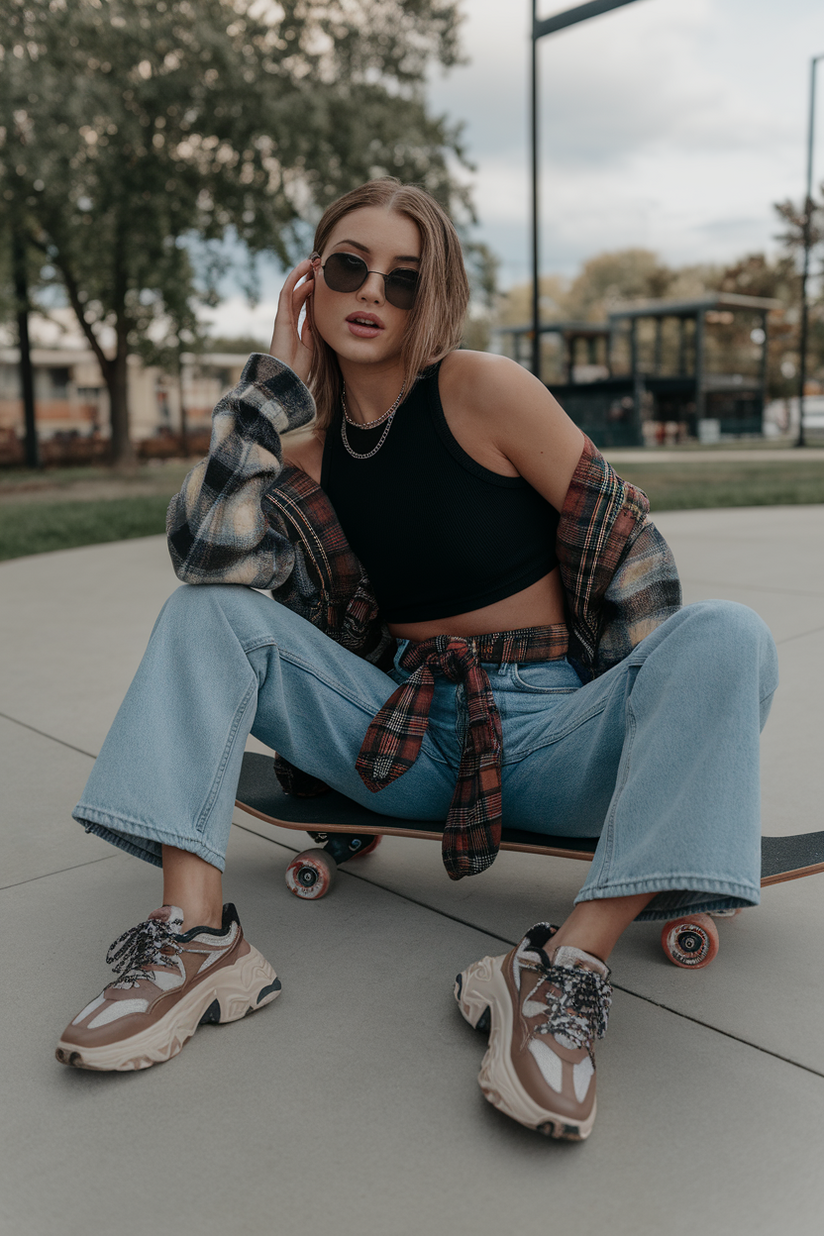 Straight-leg blue jeans styled with a cropped black tank top and flannel for a 90s-inspired look.