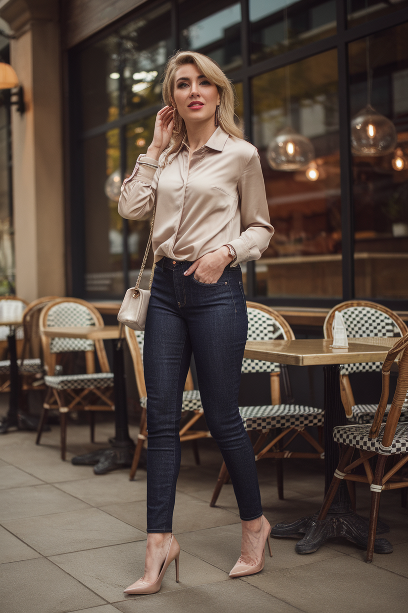 Slim-fit dark blue jeans styled with a silky blouse and nude stiletto heels for an elegant look.