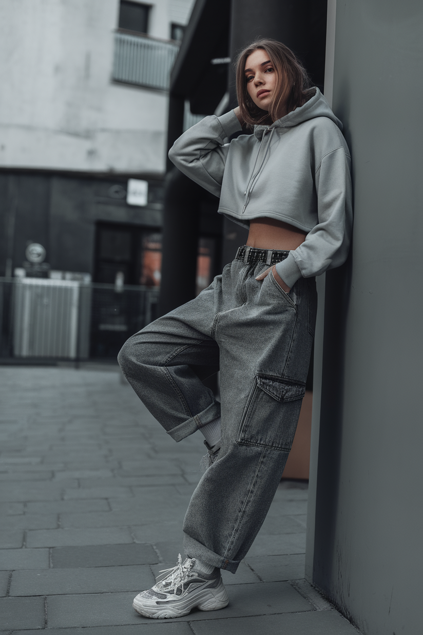 Baggy jeans styled with a cropped hoodie and chunky sneakers for a trendy casual look.