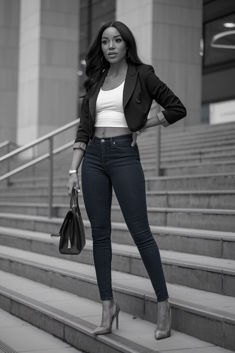 Dark blue skinny jeans paired with a cropped black blazer and white tank top, styled with heels for a chic look.