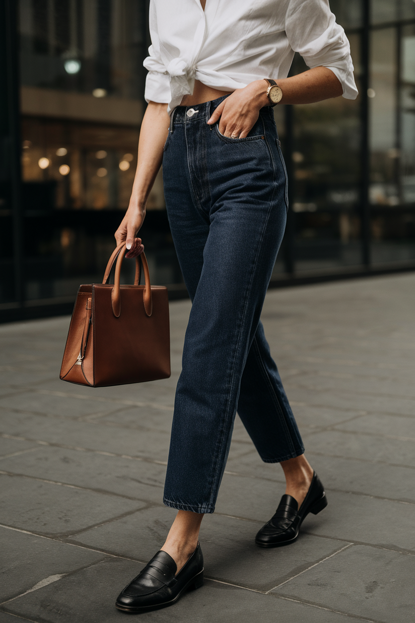 Dark blue high-waisted jeans styled with a white button-up shirt and black loafers for a classic look.