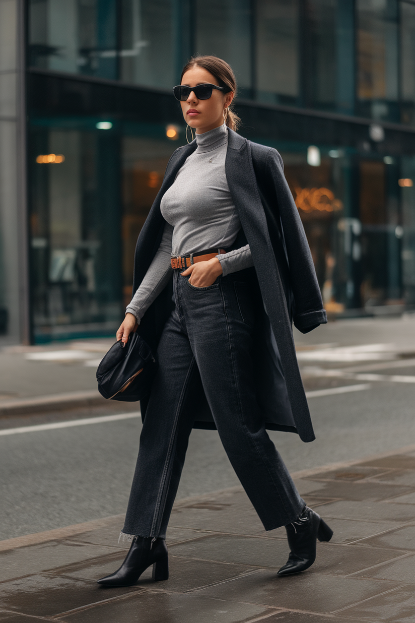 Dark-wash straight-leg jeans styled with a fitted gray sweater and black ankle boots.