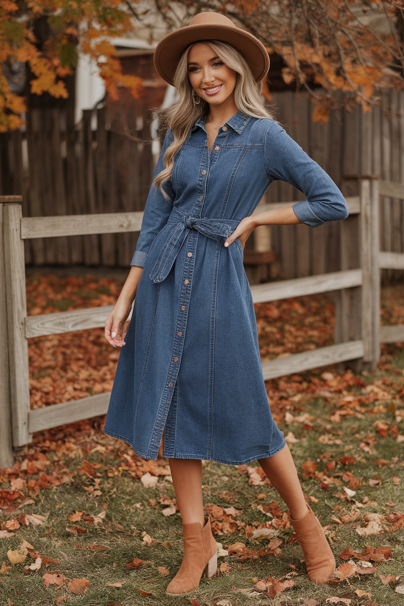 Button-down denim dress with a belted waist, paired with tan ankle boots for a stylish casual outfit.