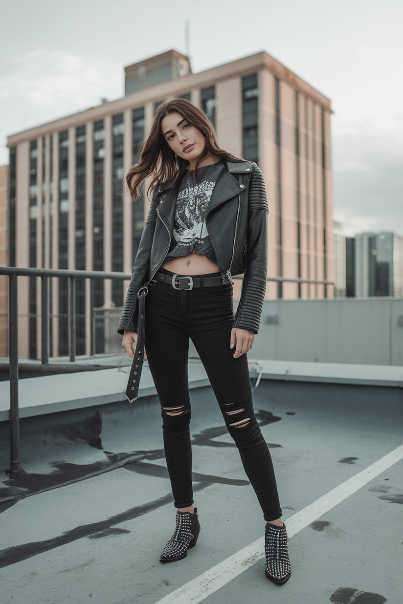 Ripped black skinny jeans styled with a cropped leather jacket and studded boots for an edgy look.