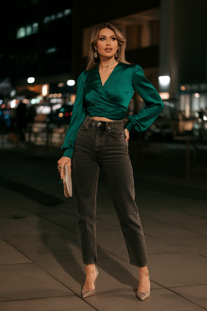 High-waisted black jeans styled with a satin green wrap top and heels for a night-out look.