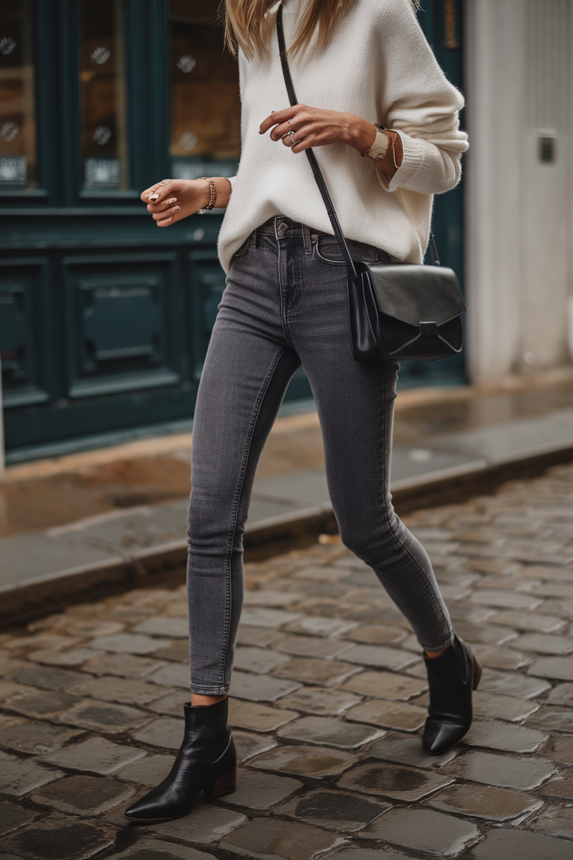 Slim-fit gray jeans styled with a white oversized sweater and black ankle boots for a cozy look.