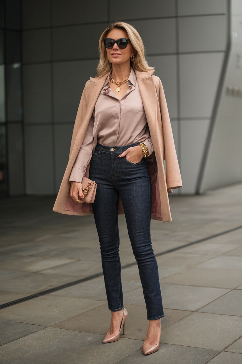 Dark-wash jeans paired with a silky beige blouse and nude stiletto heels for an elegant outfit.