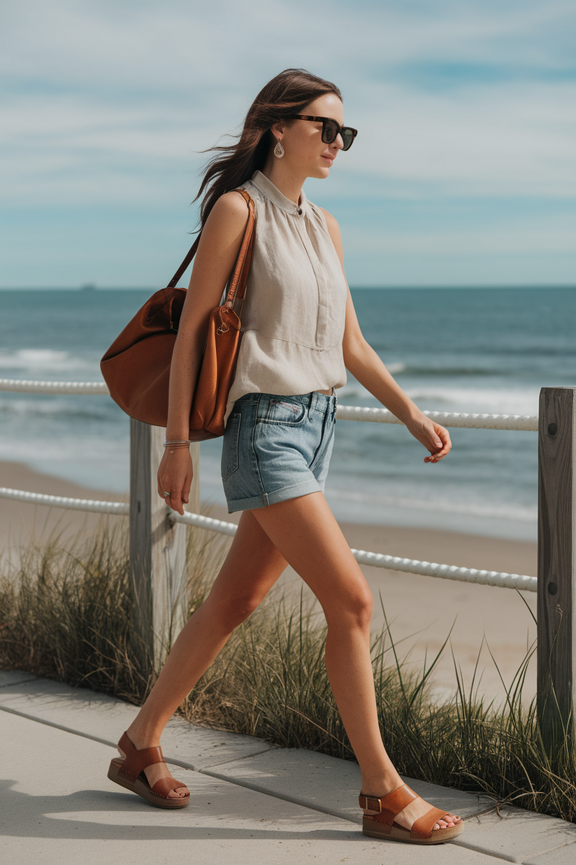 Denim shorts styled with a sleeveless linen blouse for a breezy summer outfit.