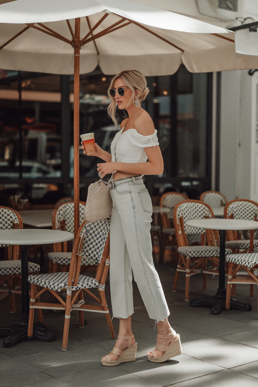 Cropped light-wash jeans styled with an off-shoulder top and espadrilles for a summer look.