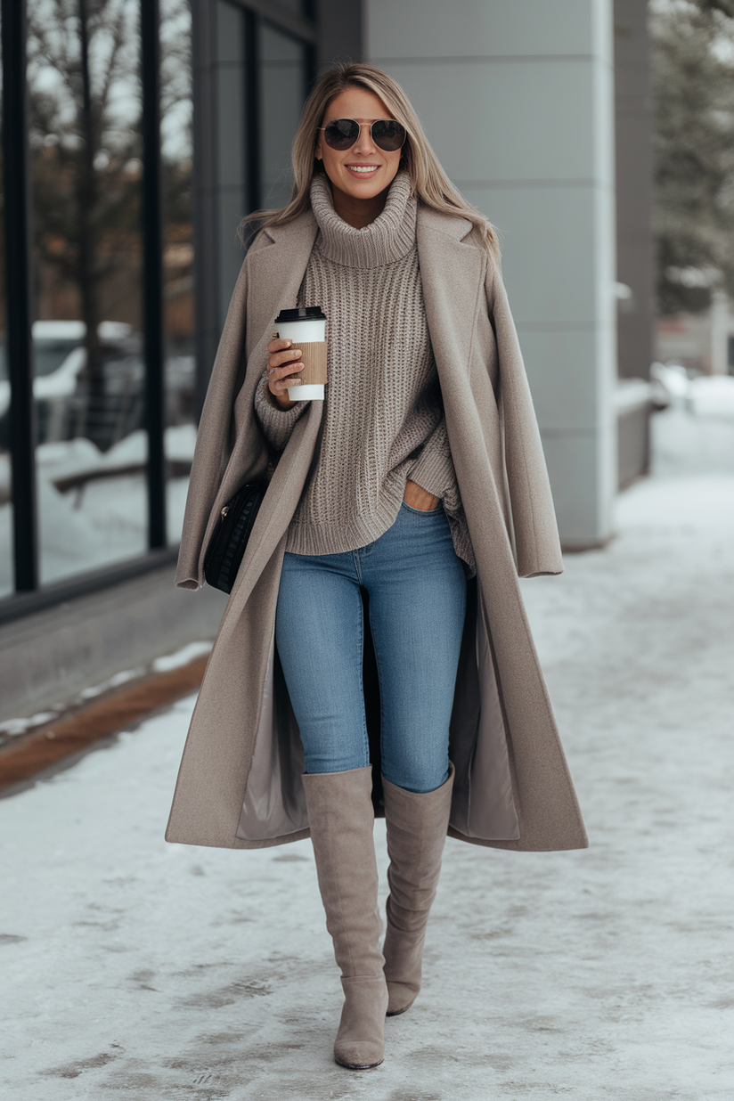 Skinny blue jeans styled with a knit turtleneck and knee-high boots for a winter outfit.