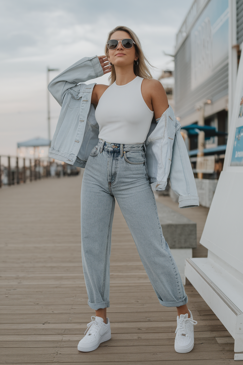 High-waisted jeans styled with a white tank top and denim jacket for a summer look.