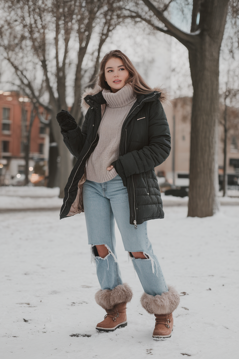 Ripped straight-leg jeans styled with a puffer jacket and turtleneck for a warm winter look.