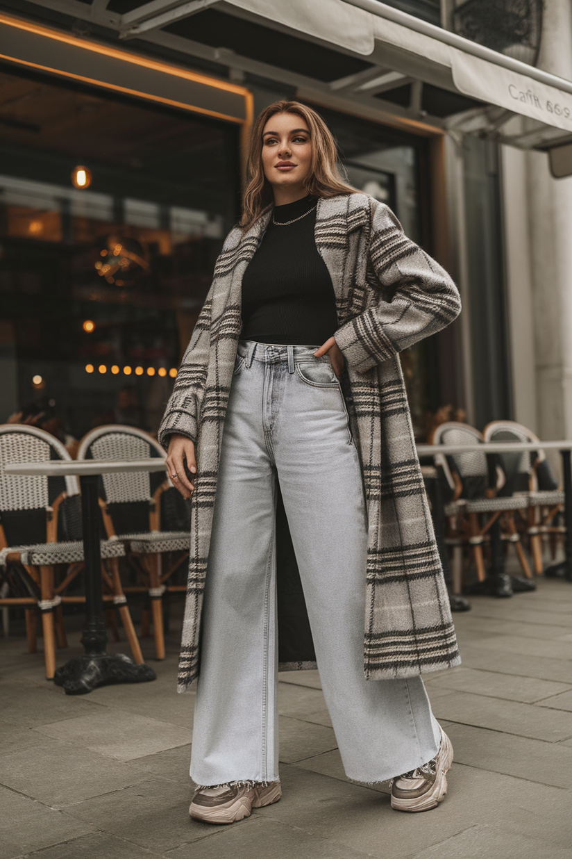 Wide-leg light-wash jeans styled with a black turtleneck and plaid coat for a Korean-inspired look.