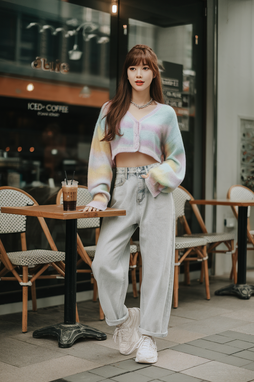 Baggy light-wash jeans styled with a pastel cropped cardigan and chunky sneakers for a trendy Korean look.