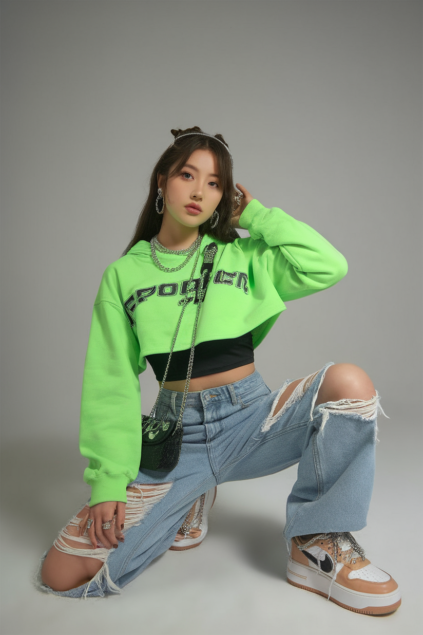 Ripped baggy jeans styled with a cropped neon hoodie and platform sneakers for a K-pop look.