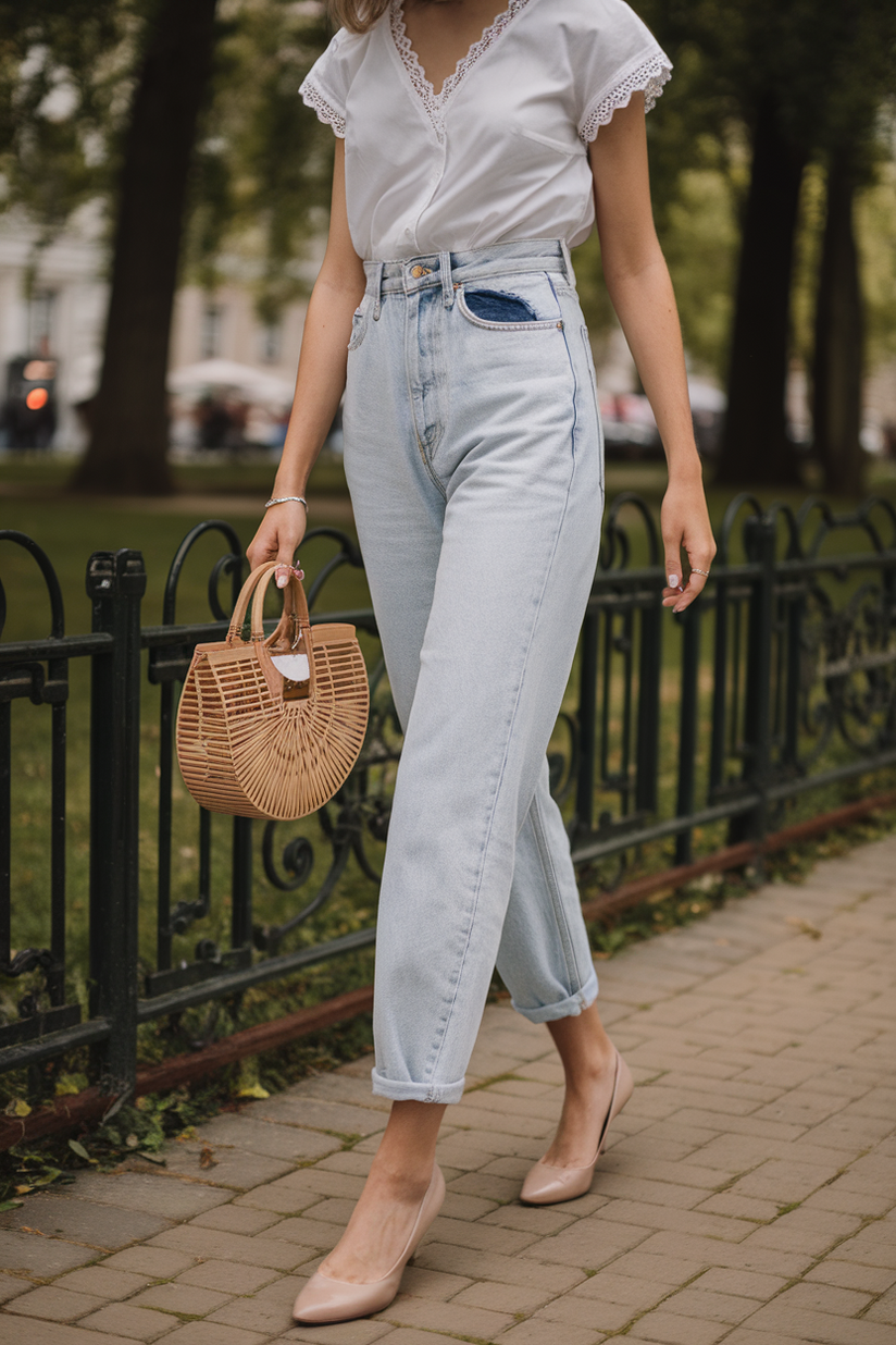 High-waisted light blue jeans styled with a white lace-trimmed blouse for a soft, casual look.