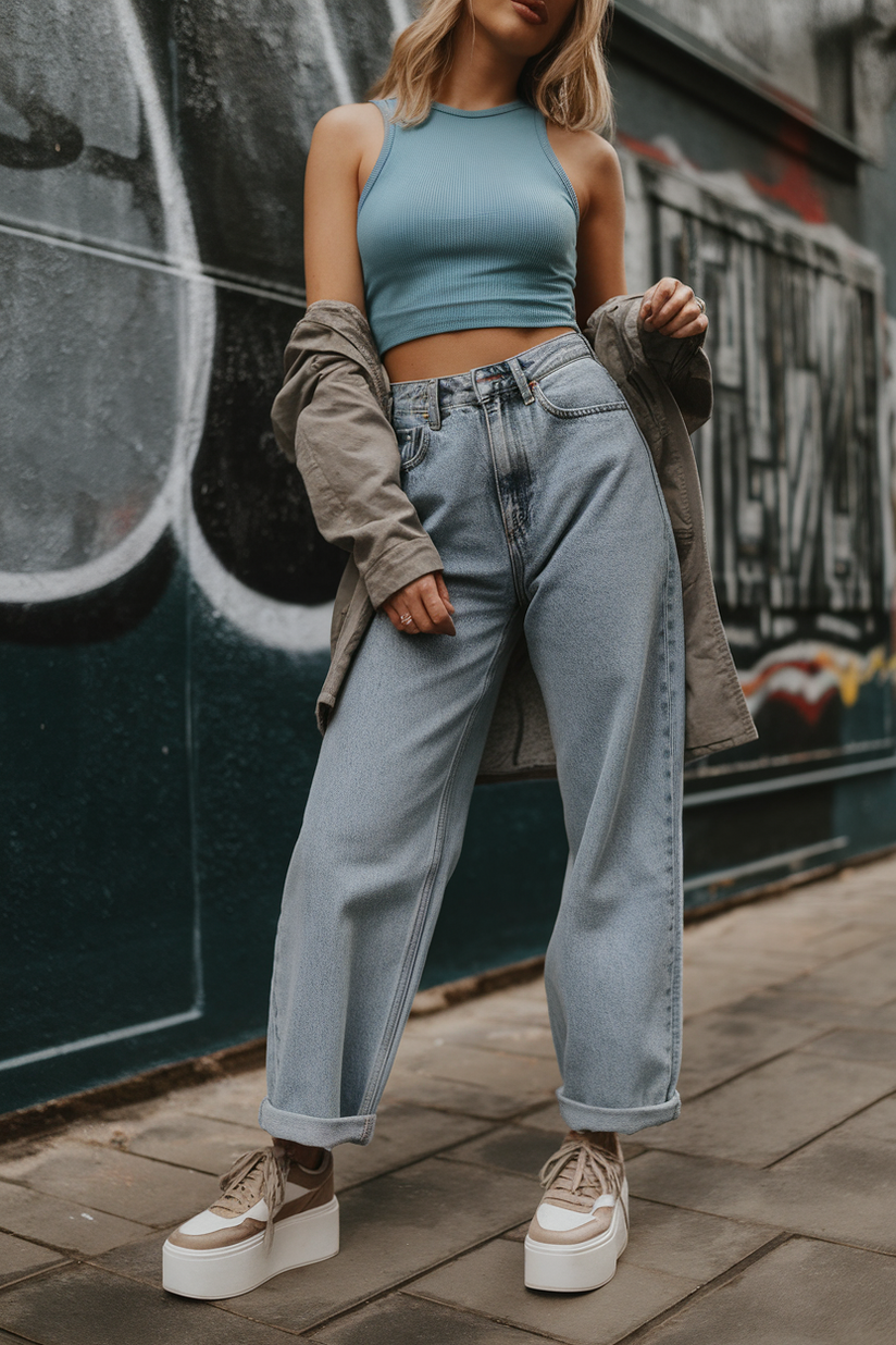 Low-rise blue jeans styled with a cropped tank top and platform sneakers for a trendy look.