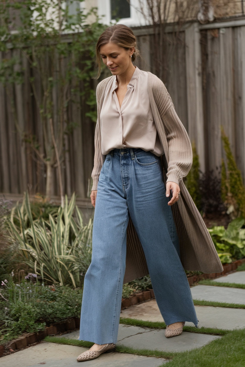 Wide-leg jeans styled with a loose beige blouse and long cardigan for a modest outfit.