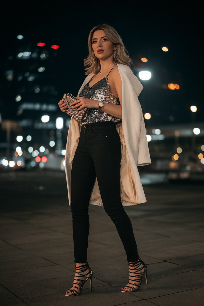 Black skinny jeans styled with a sequined silver top and strappy heels for a night-out look.