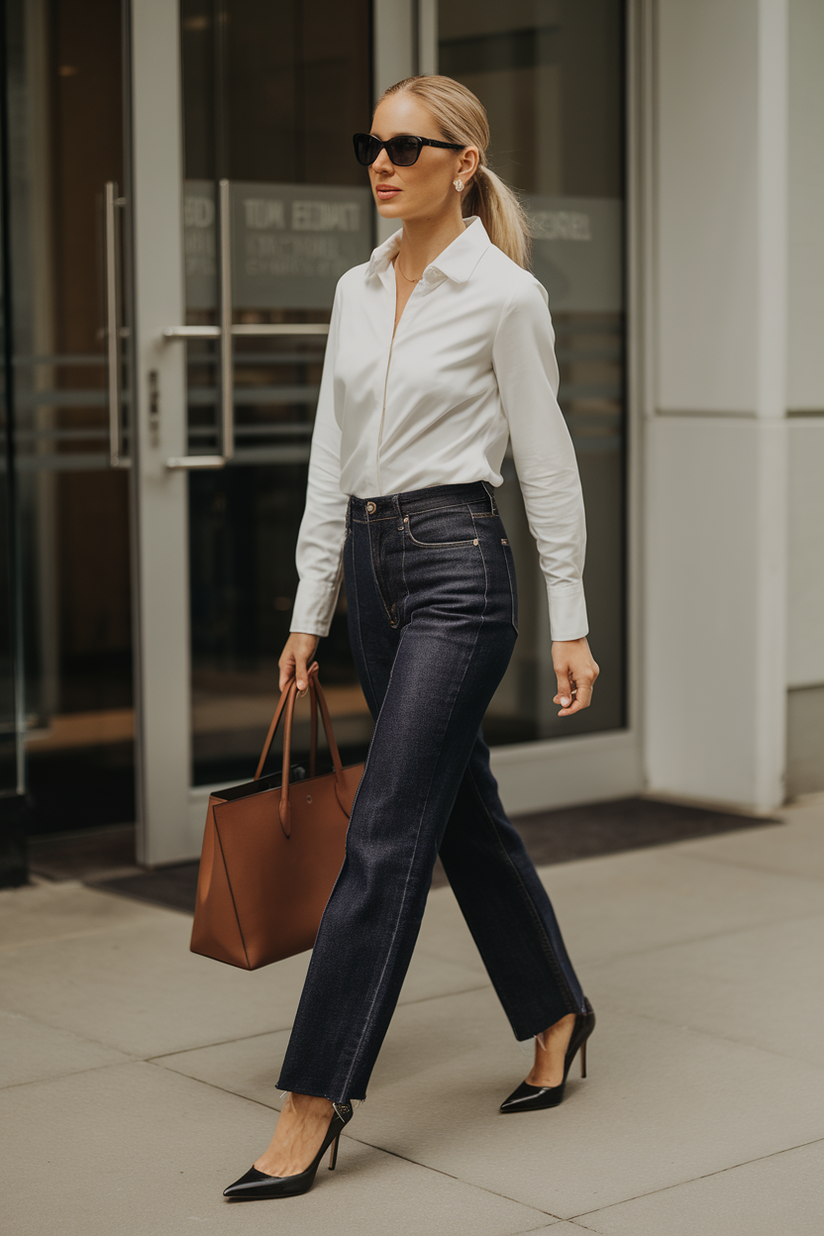 Dark-wash straight-leg jeans styled with a white blouse and black heels for an office-appropriate look.