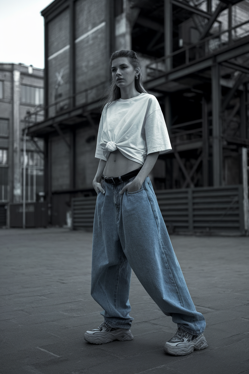 Oversized blue jeans paired with a loose white t-shirt and chunky sneakers for a relaxed look.