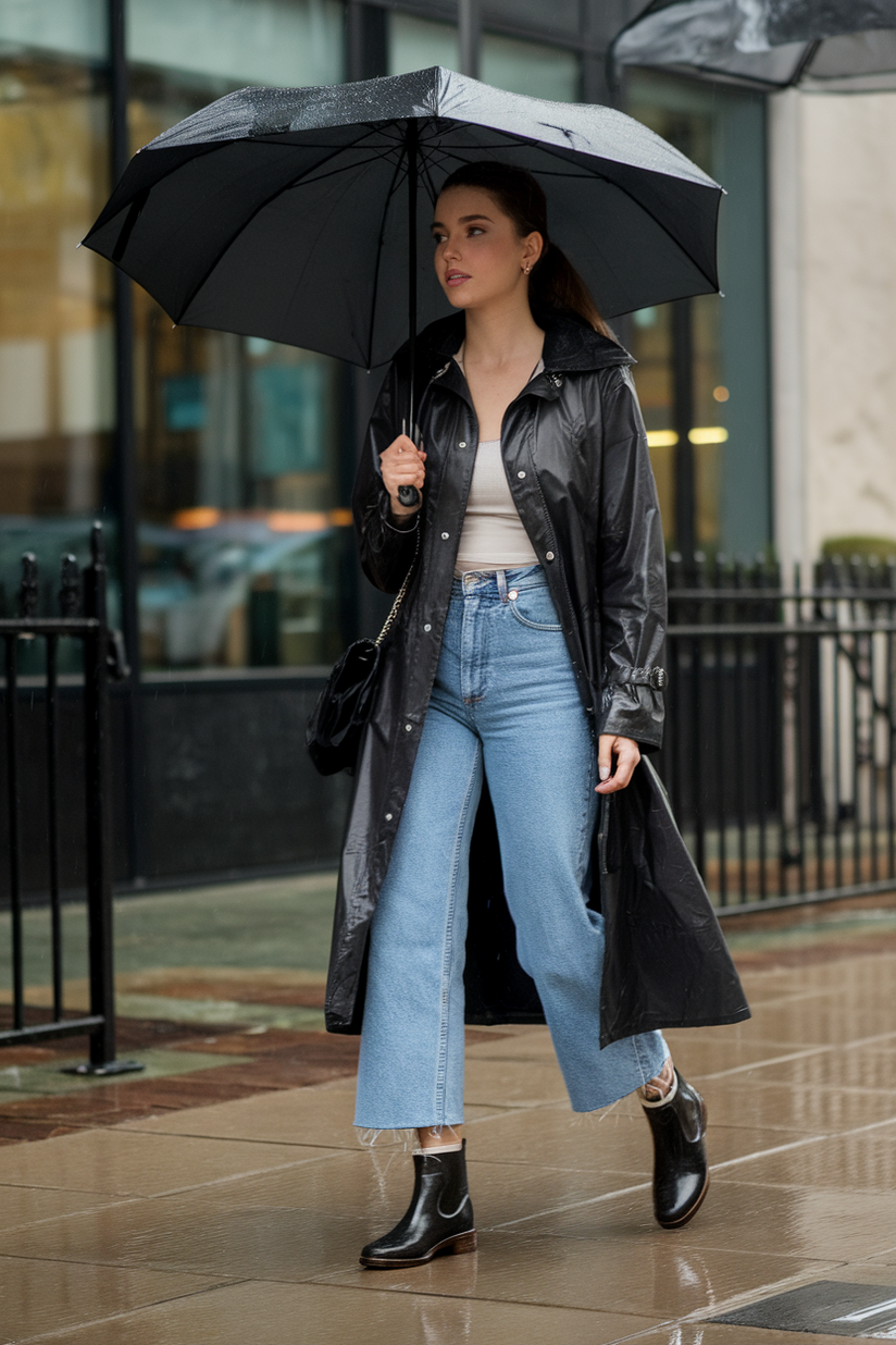 Cropped straight-leg jeans styled with a trench coat and rain boots for a rainy-day outfit.