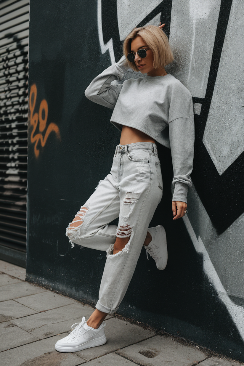 Light-wash ripped jeans styled with a cropped gray sweater and white sneakers for a relaxed outfit.