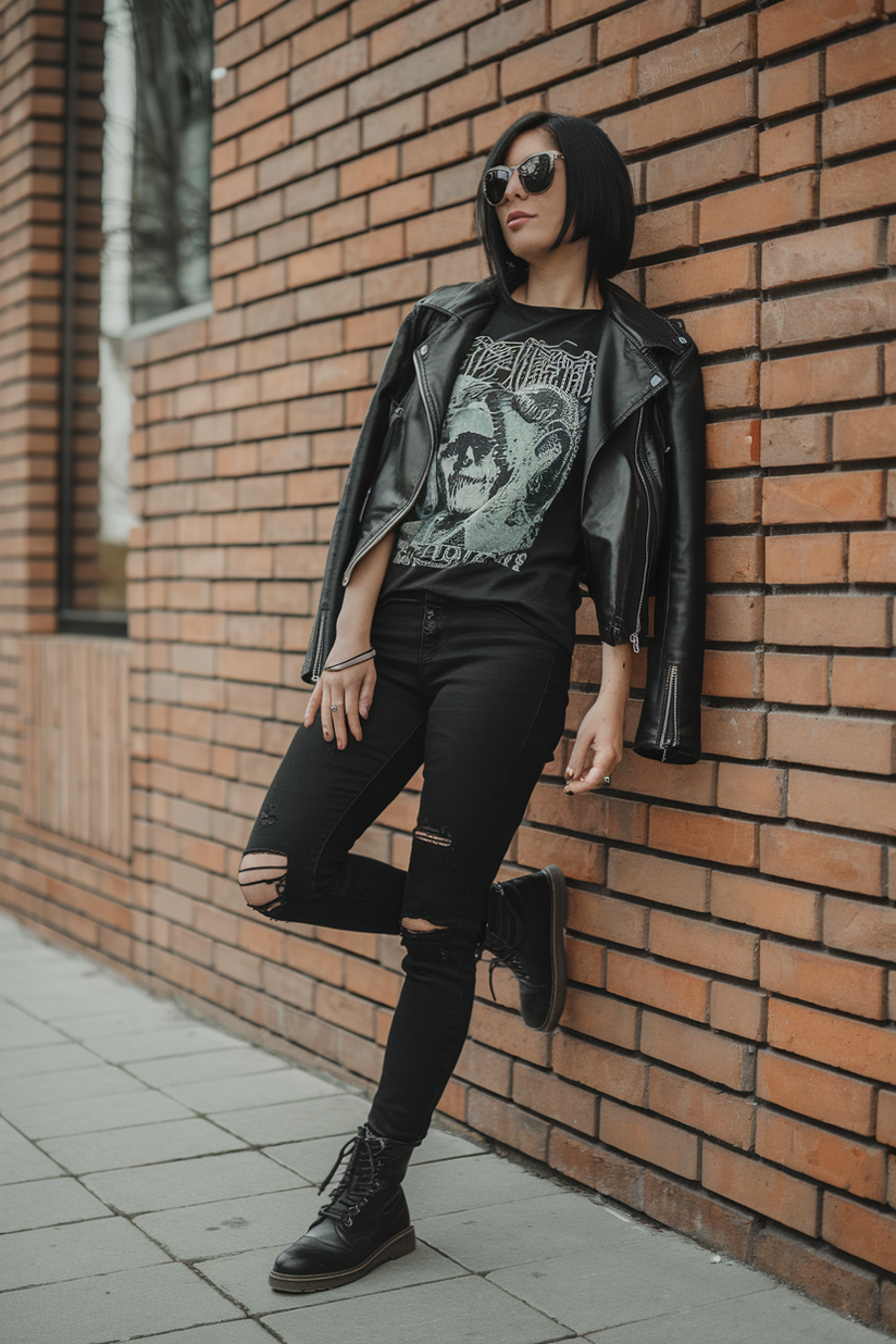 Ripped black skinny jeans styled with a graphic t-shirt and leather jacket for a rock-inspired outfit.