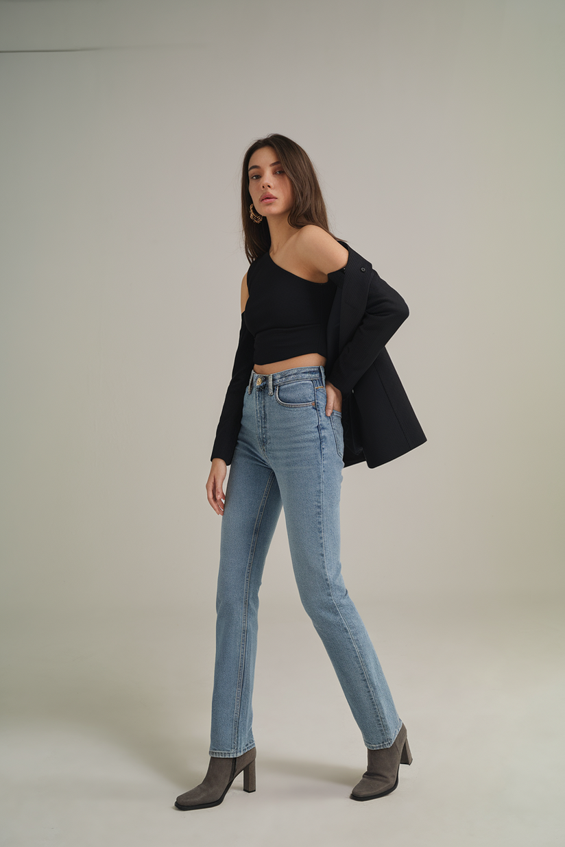 Medium-wash jeans styled with a fitted off-shoulder black top and heeled boots for a stylish look.