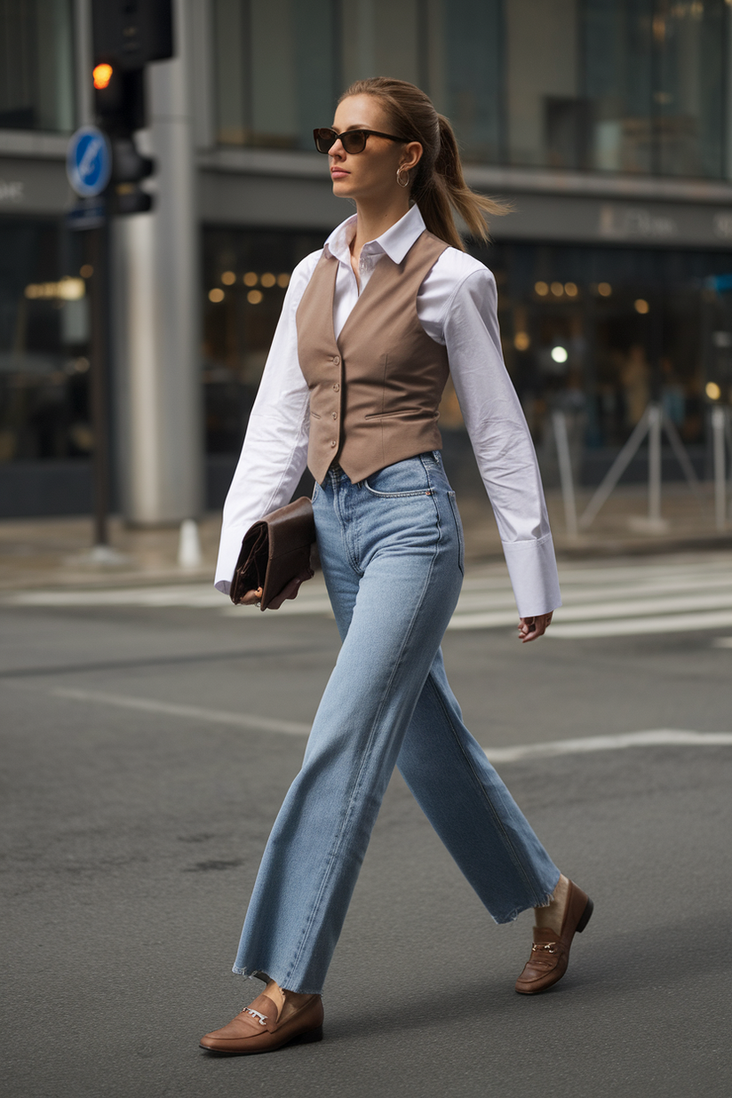 Straight-leg jeans paired with a white shirt and brown vest for a chic layered outfit.