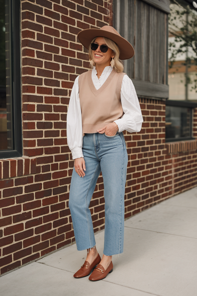 Straight-leg jeans styled with a beige knit vest and white blouse for a layered outfit.