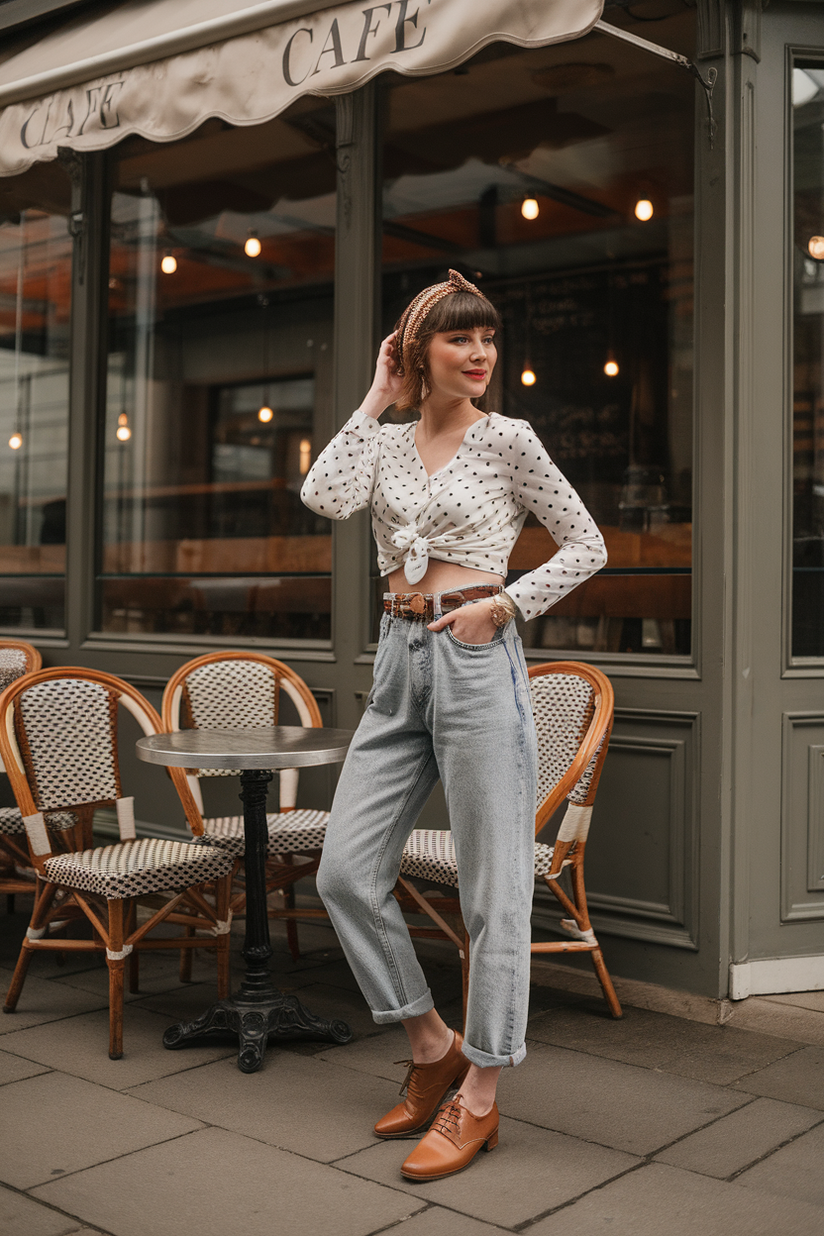 Vintage high-waisted mom jeans styled with a polka-dot blouse and oxford shoes for a retro look.