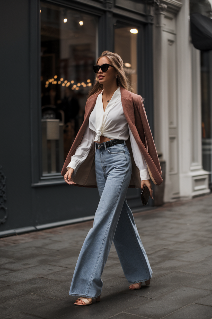 High-waisted wide-leg jeans styled with a tucked-in white blouse and heeled sandals.