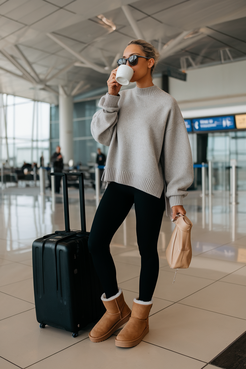 An oversized crewneck sweater styled with black leggings and tan platform Ugg boots.