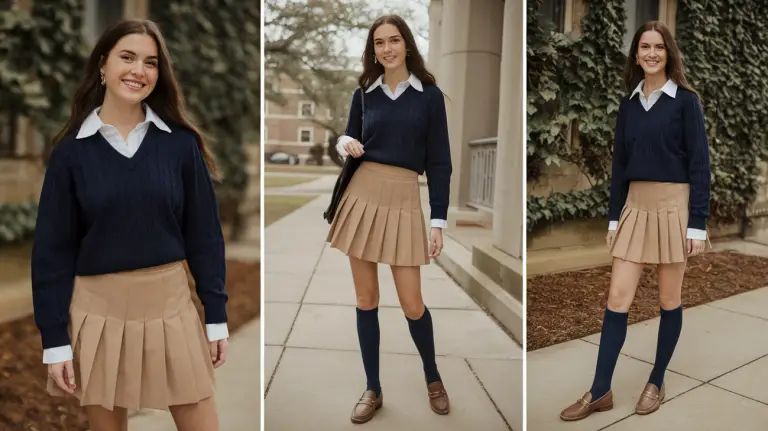 A woman in a navy cable-knit sweater over a white collared shirt, styled with a beige pleated skirt.