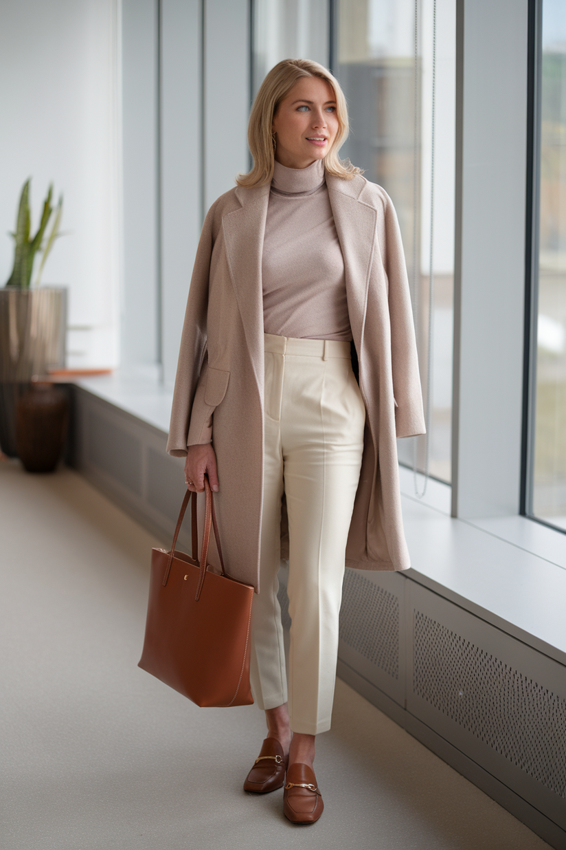 A female teacher in a beige wool coat, cashmere turtleneck, and cream trousers near a window.