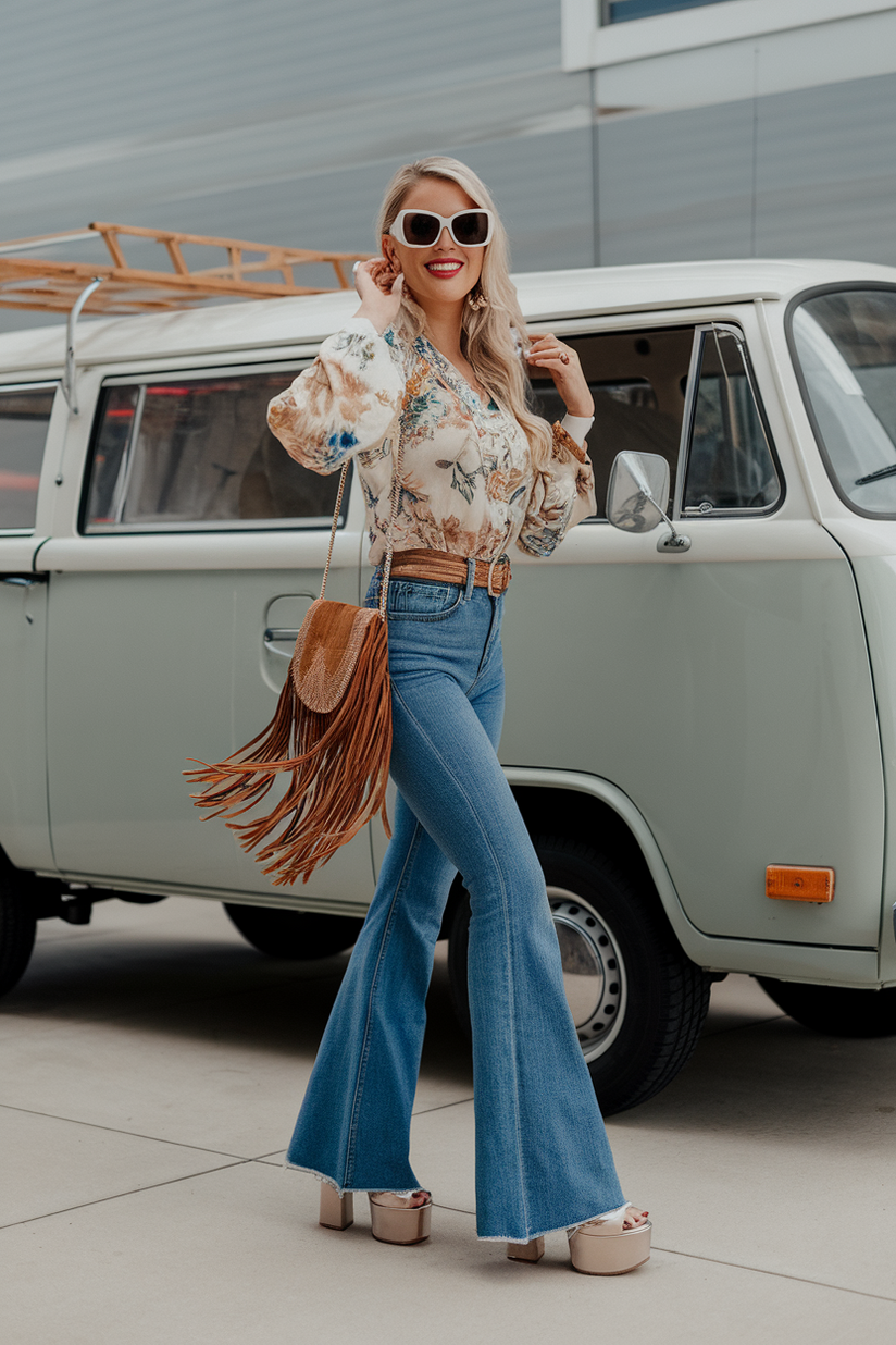 High-waisted flared jeans styled with a floral blouse and platform heels for a 70s retro look.