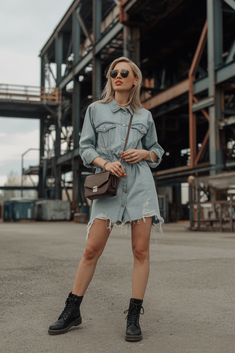 A distressed denim mini dress with frayed edges, styled with combat boots.