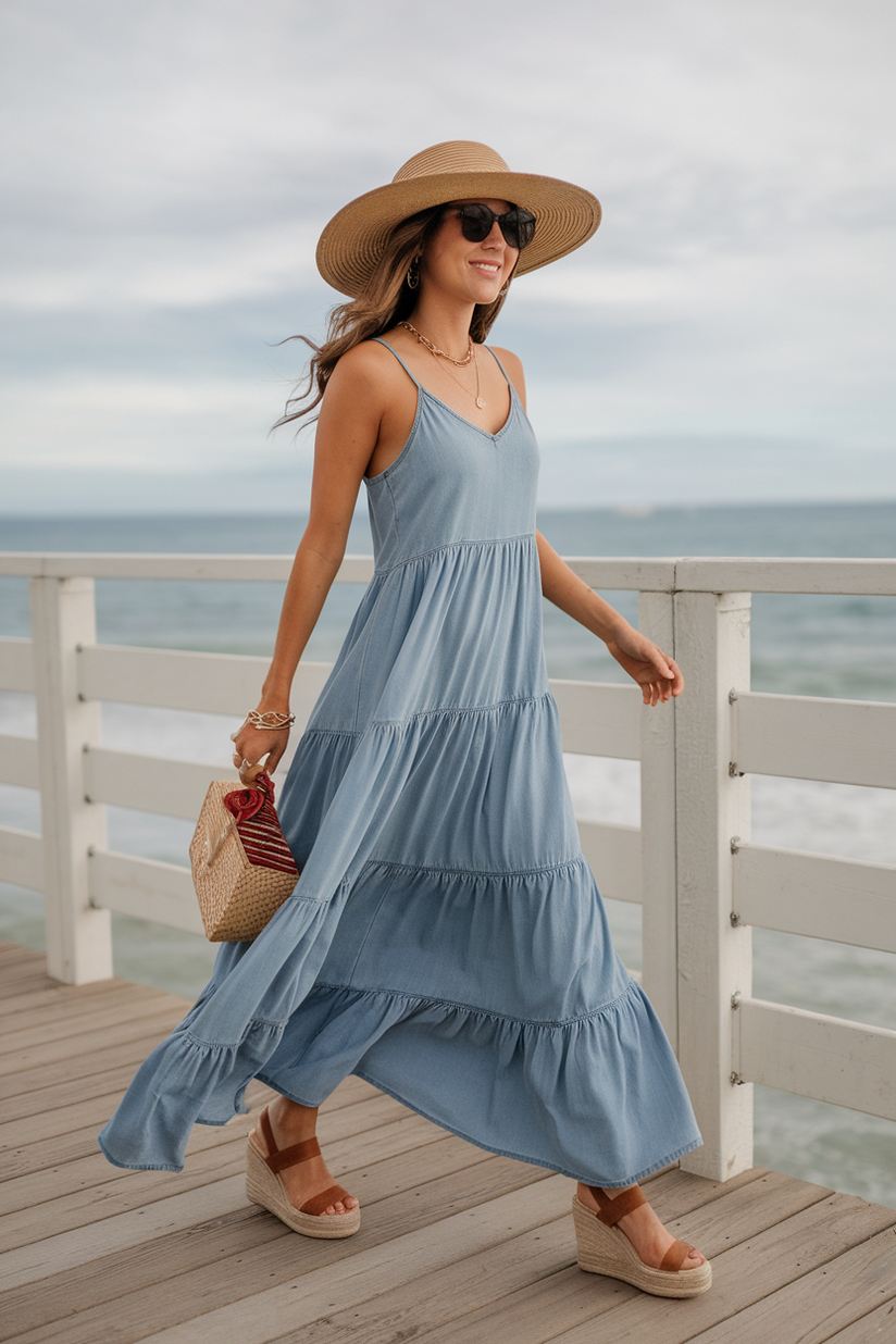 A tiered ruffled blue denim maxi dress with thin straps, styled with brown wedge sandals.