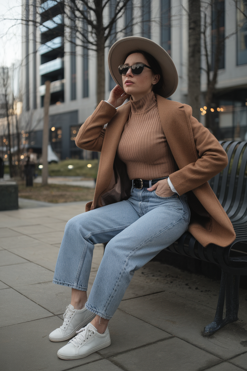 Mid-rise straight-leg jeans styled with a ribbed turtleneck and white sneakers for a casual outfit.