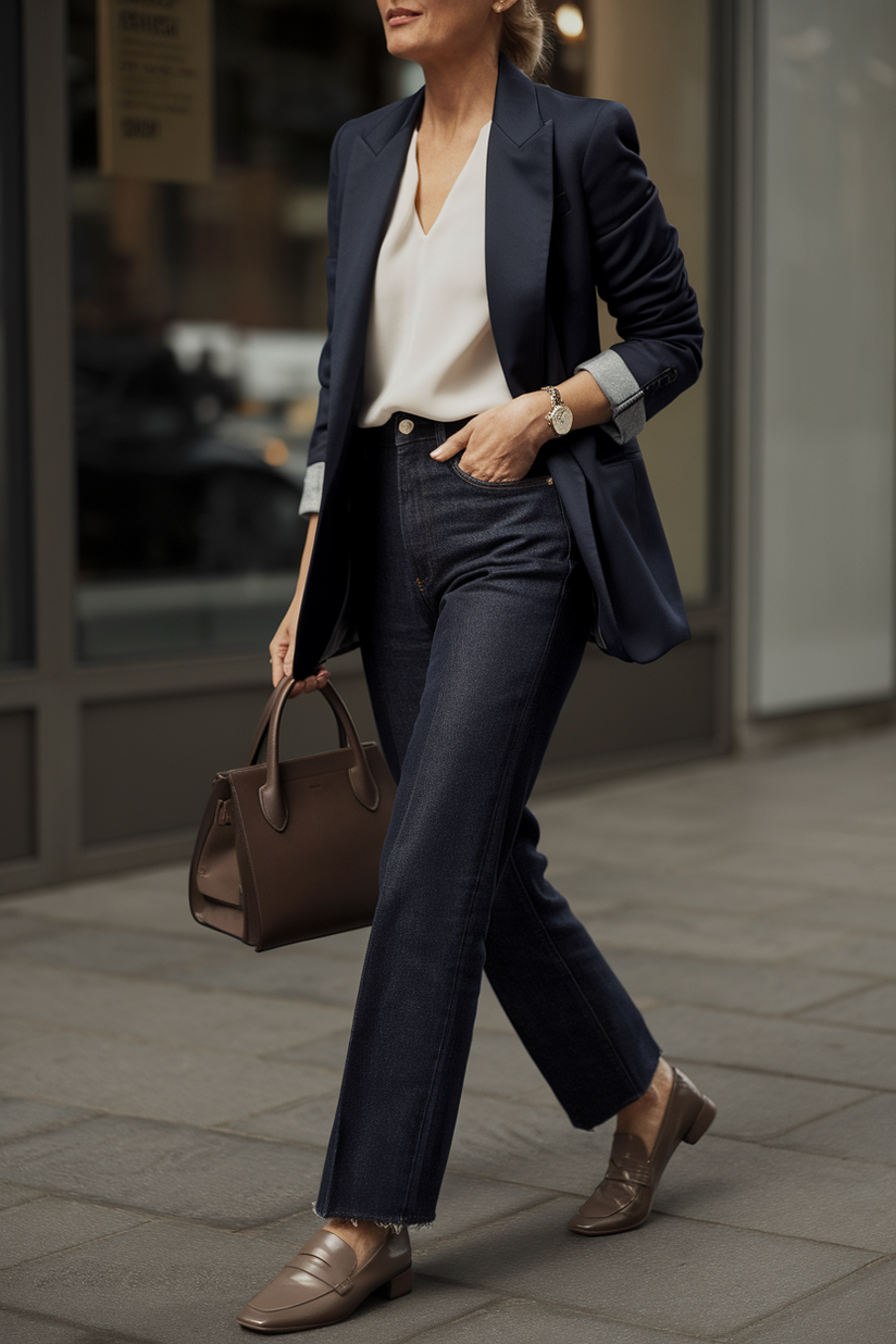 Straight-leg dark-wash jeans styled with a navy blazer and loafers for a stylish mature outfit.