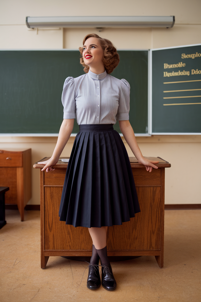 A female teacher in a pleated skirt, high-collared blouse, and Oxford shoes near a wooden desk.