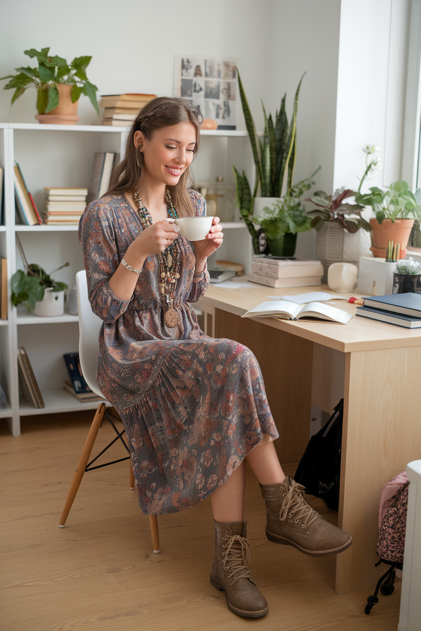 A young female teacher in a bohemian midi dress with lace-up boots, sitting at a desk with books and plants.